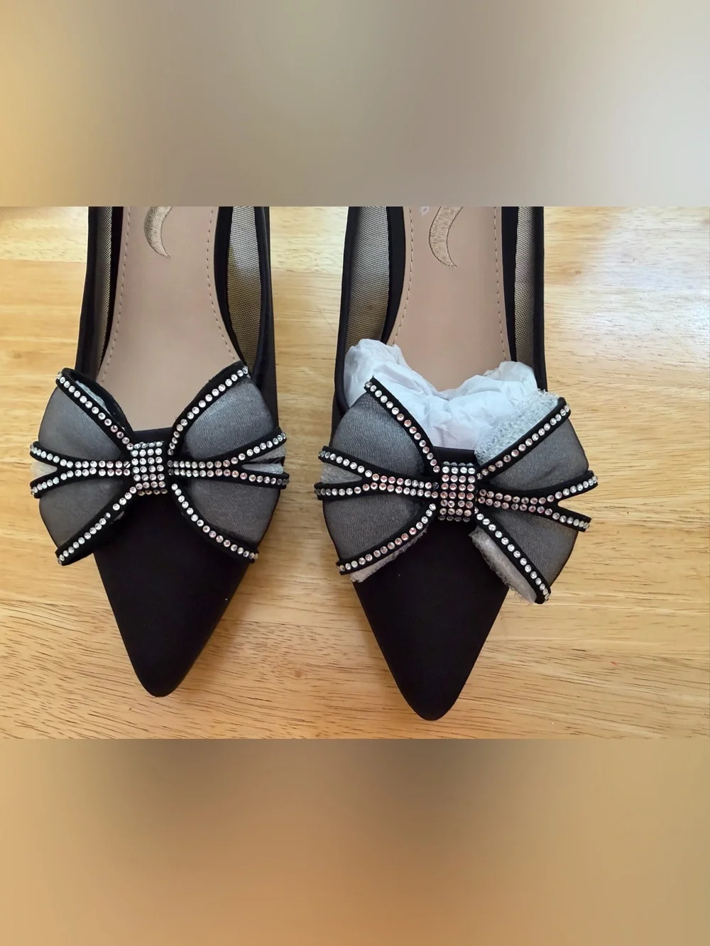 Nina Black Satin Pointed-Toe Pumps with Rhinestone Bow